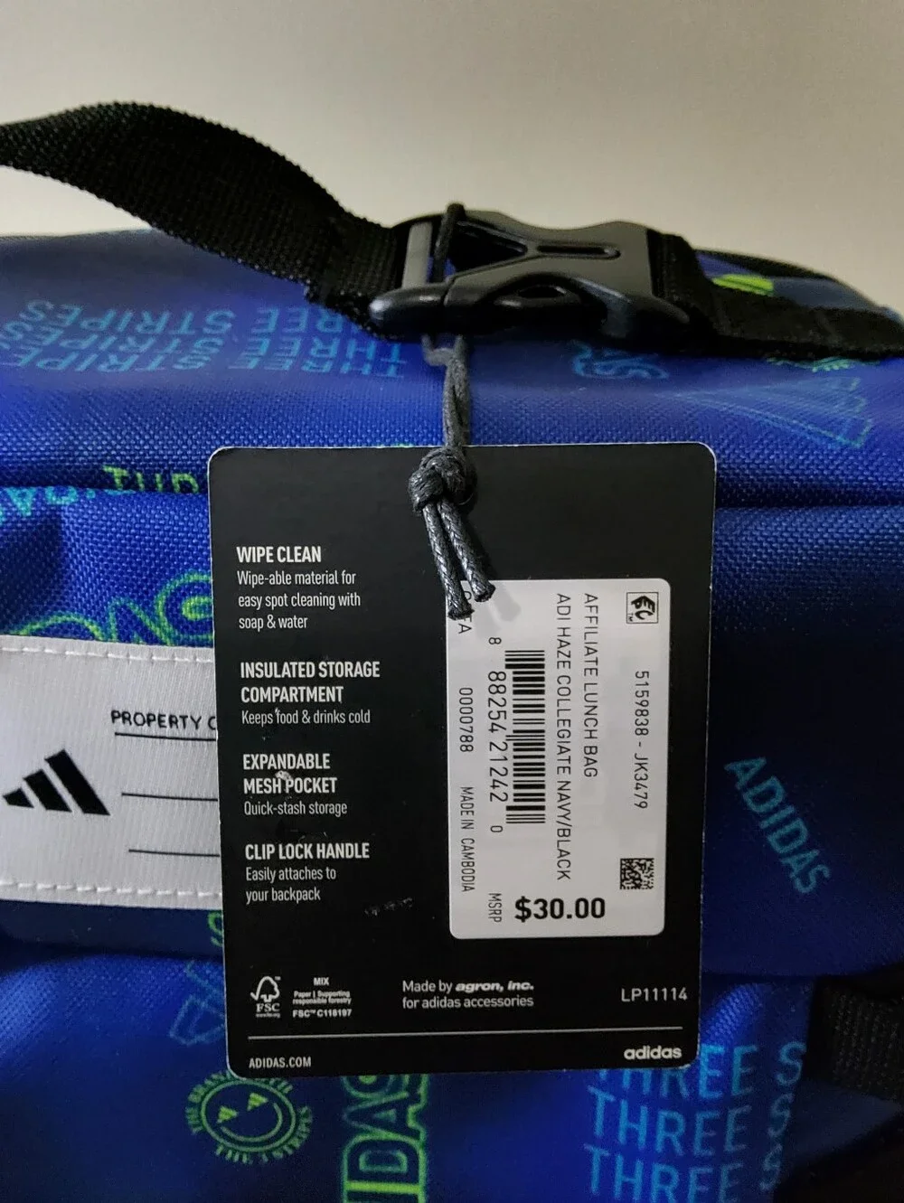 * Adidas Affiliate Logo School Collegiate Office Lunch Bag Navy/Black